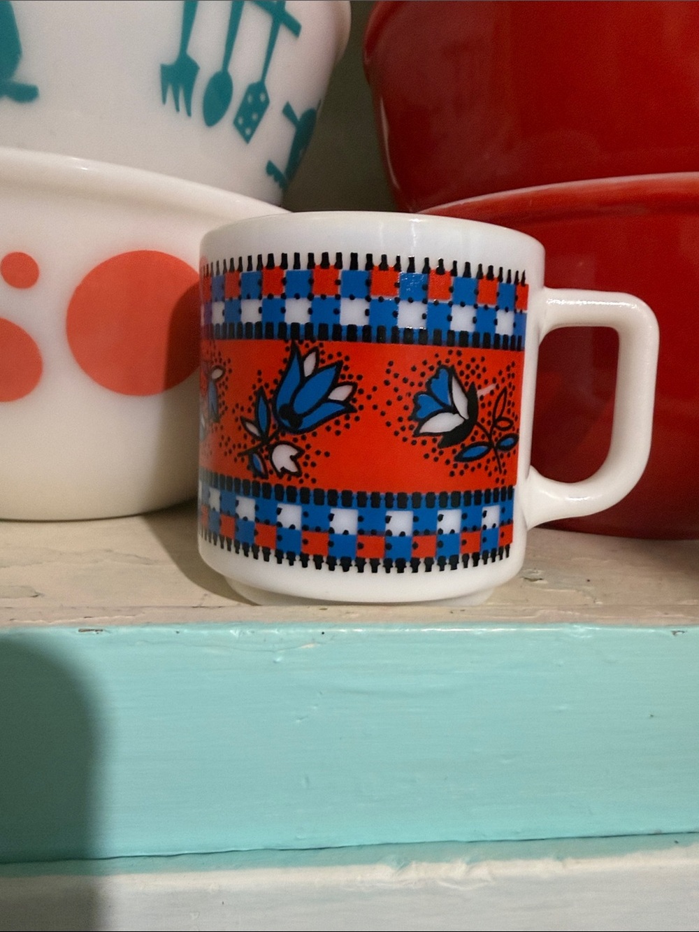 Vintage Floral Orange and Blue tulip Milk Glass Mug - Unbranded